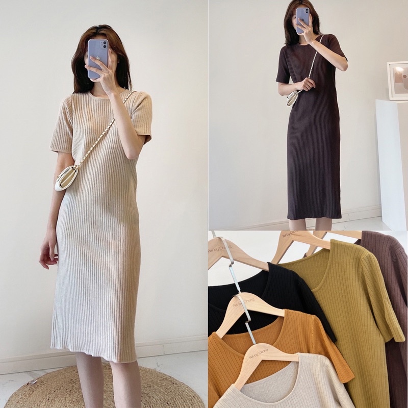 Váy len dáng dài cổ tròn cộc tay len tăm đũa phom suông co giãn 4 chiều hàng loại 1 dày dặn không bị bai nhão