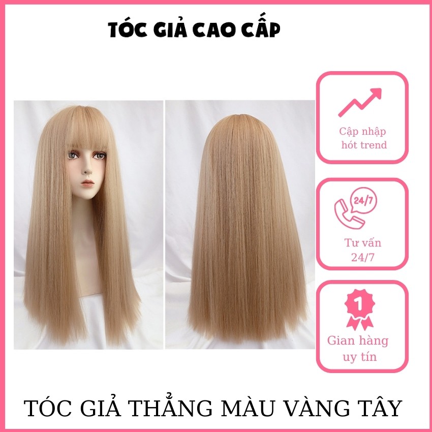 Tóc giả nữ nguyên đầu thẳng màu vàng tây, tặng lưới trùm tóc, mã z7007