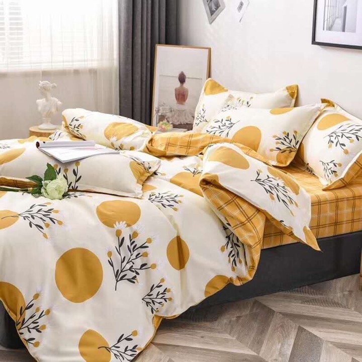 Bộ chăn ga gối drap giường chất cotton poly họa tiết hoa cỏ tròn vàng