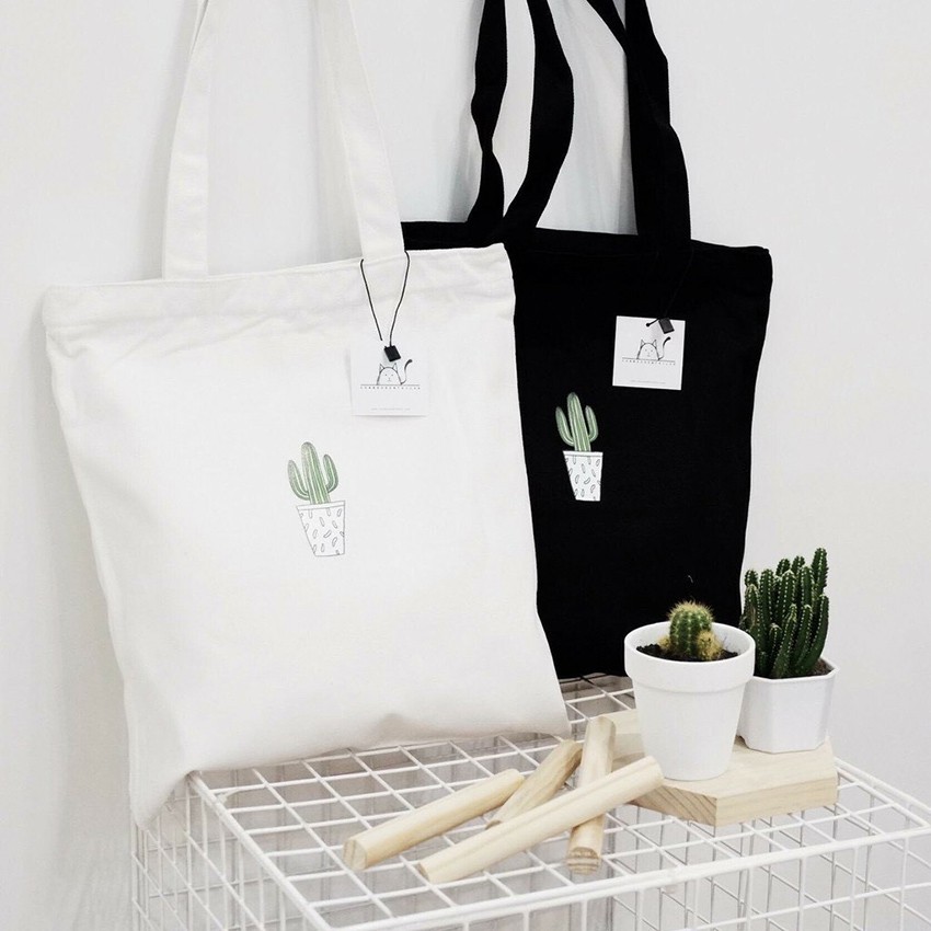 Túi tote vải canvas hình xương rồng hot trend phong cách Hàn Quốc có khóa miêng tiện dụng
