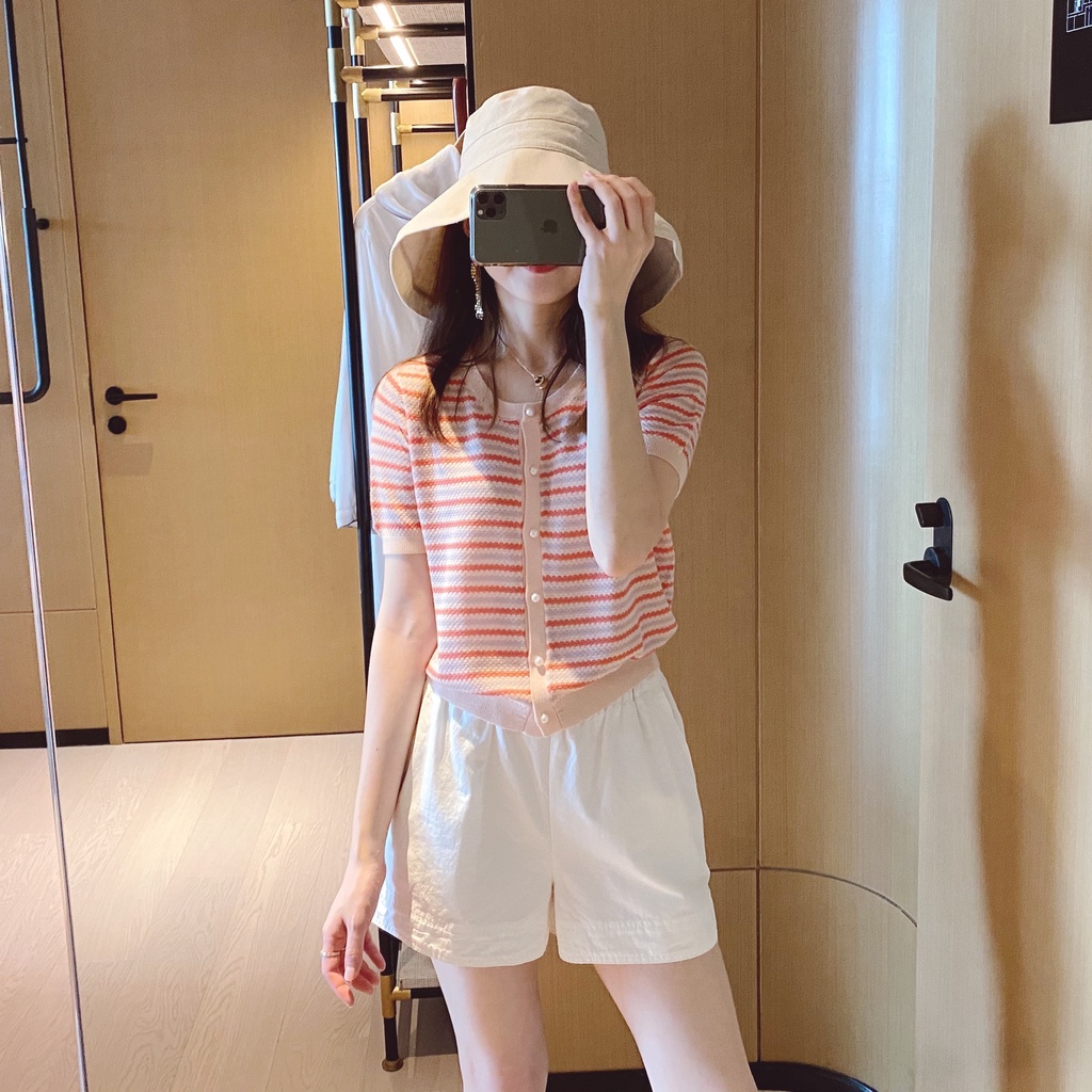 Áo cardigan ZHELIHANGFEI dệt kim tay ngắn kẻ sọc mềm mại siêu nhẹ tùy chọn màu sắc