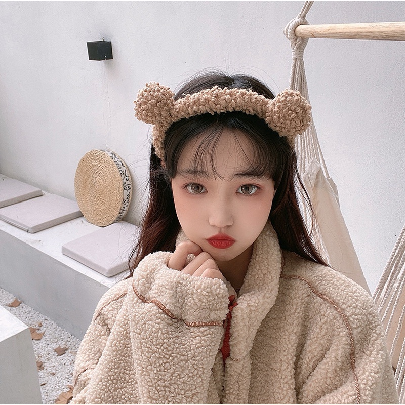 Băng đô cài tóc lông cừu trang điểm rửa mặt cho bé gái