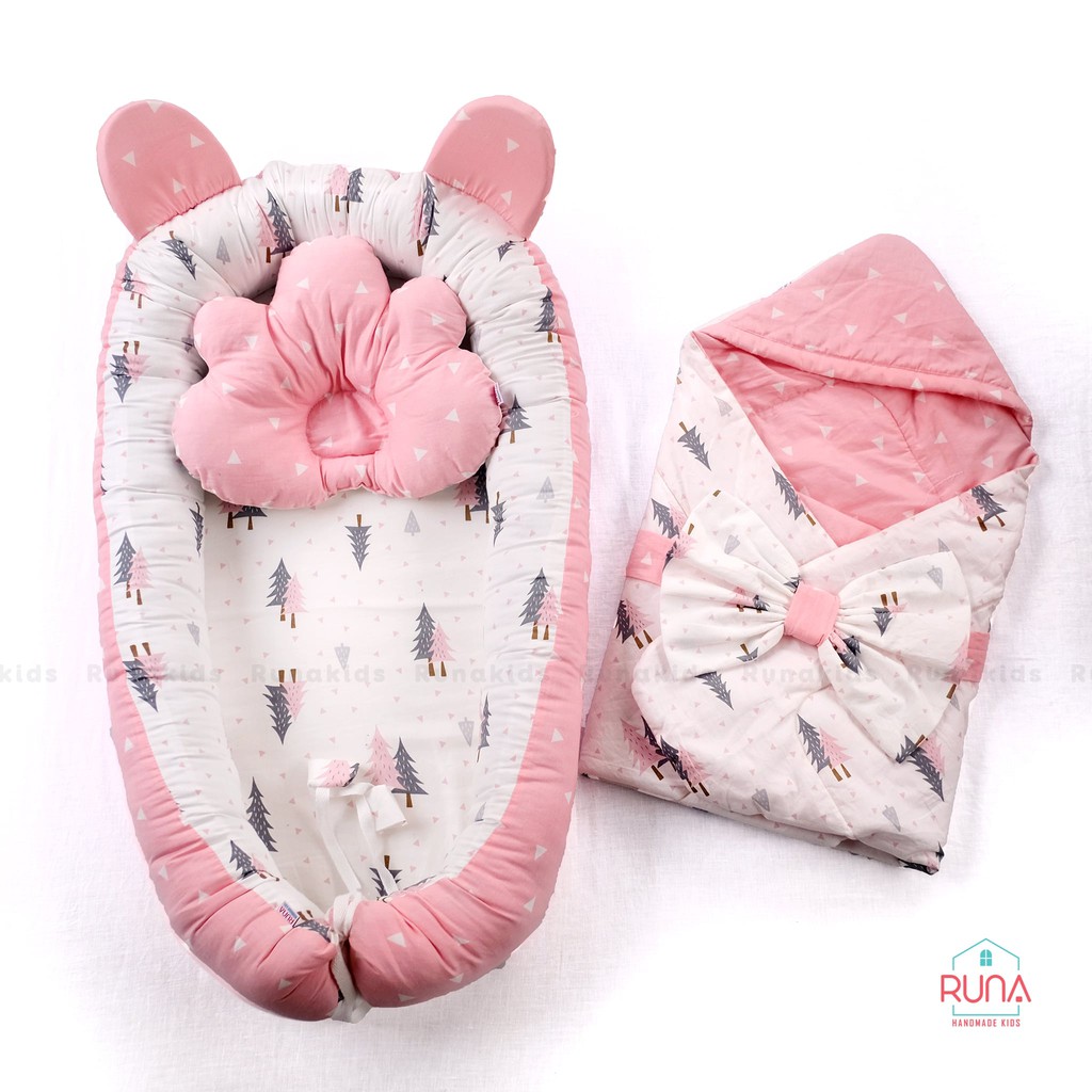 Combo nôi, gối chống bẹt đầu và chăn cho bé sơ sinh RUNA KIDS chất liệu Cotton Hàn 100%, mềm mịn, an toàn cho da bé