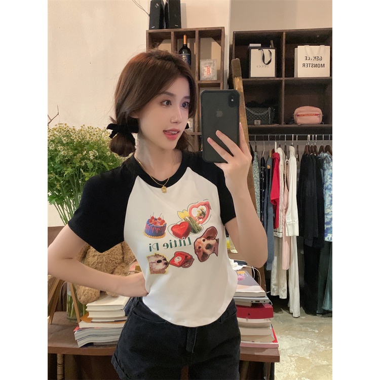 Áo Thun Tay Ngắn In Họa Tiết Màu Sắc Tương Phản Thời Trang Mùa Hè 2022 Cho Nữ