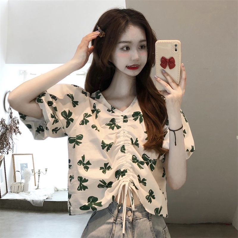 Áo Sơ Mi Tay Ngắn Cổ Chữ V Phối Dây Rút Thời Trang Mùa Hè 2022 Mới Phong Cách Hong Kong Cho Nữ