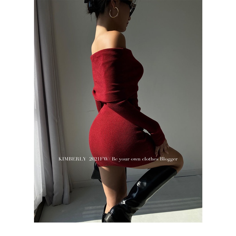 One Đầm Trễ Vai Dài Tay Phong Cách Retro Nữ Tính