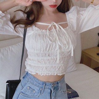 Áo croptop buộc dây ngực tay bồng / chun ngực co dãn