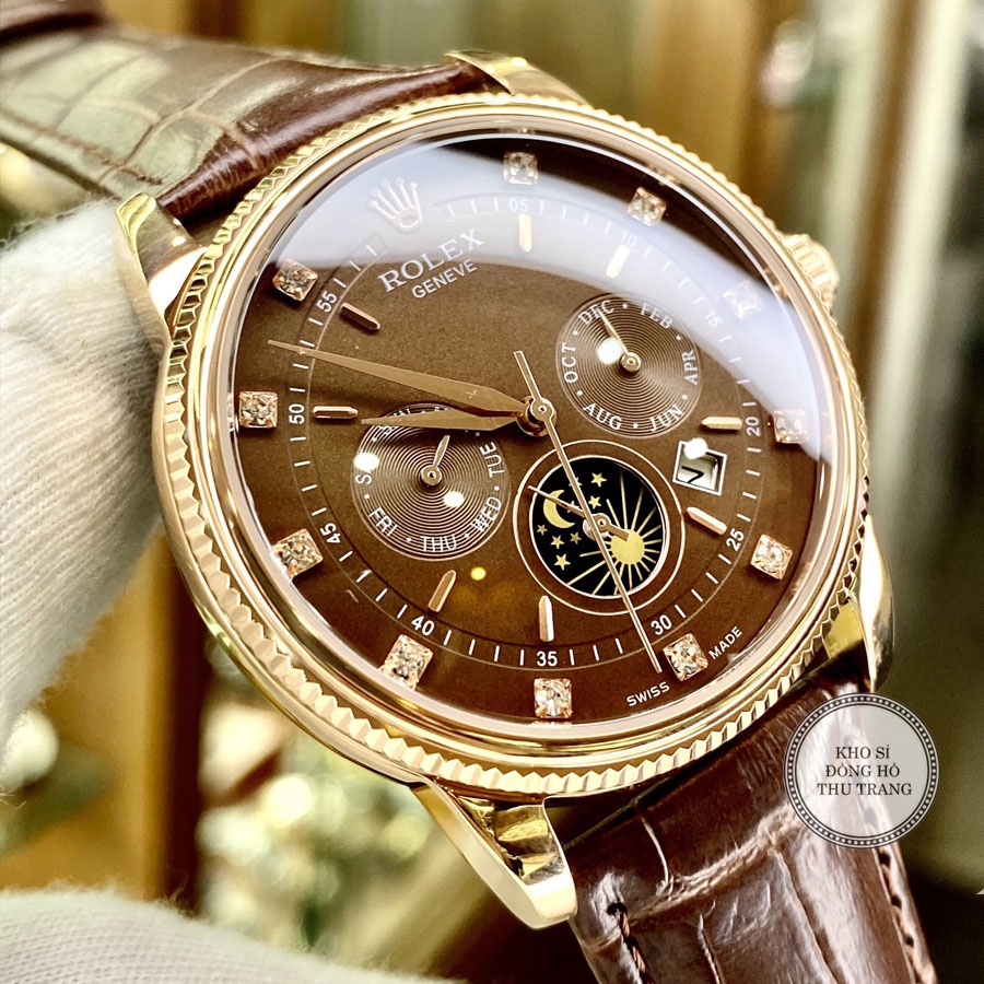 Đồng hồ Nam Rolex máy nhật, mẫu 6kim đính đá, mặt nâu cafe viền vàng, dây da, dòng cơ Automatic size 40mm-41mm | BigBuy360 - bigbuy360.vn
