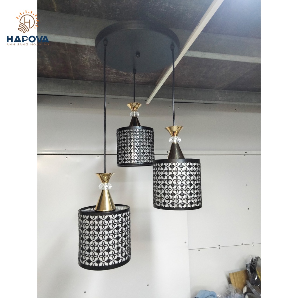 Bộ 03 đèn thả trần bàn ăn hoa văn HAPOVA XENIA 7095 + Tặng kèm bóng led AS Vàng