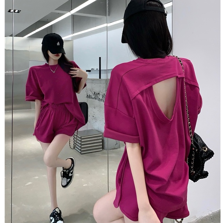 Set Áo Thun Ngắn Tay Cổ Tròn + Quần Short Ống Rộng Lưng Thun Thời Trang Hè Cho Nữ