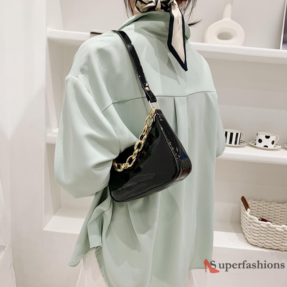 【Hot Sale】Fashion Women PU Pure Color Underarm Bag Thick Chain Small Hobos Handbags