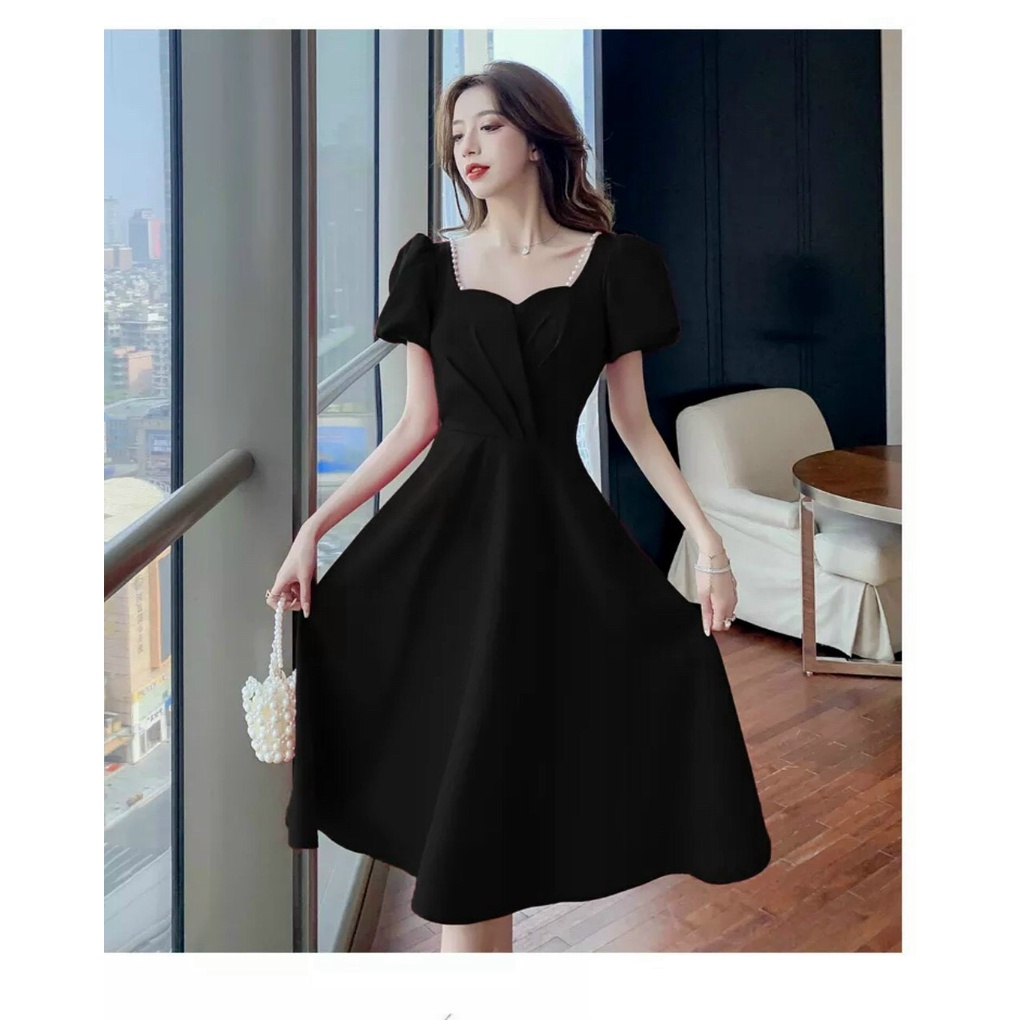 Đầm thời trang nữ mặc dự tiệc sang trọng chất for tay búp cổ v chéo váy dài xoè suông xếp ly