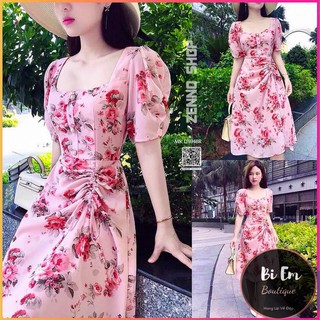 Đầm Bông Cổ Vuông Dây Rút Lụa Cao Cấp