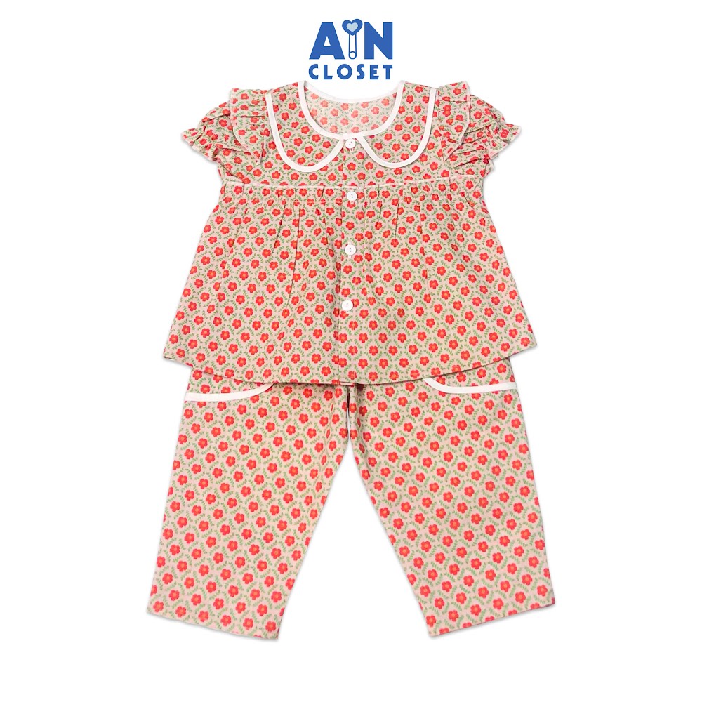 Bộ quần dài áo tay ngắn bé gái họa tiết Gạch Hoa đỏ cotton - AICDBGCQZPLE - AIN Closet