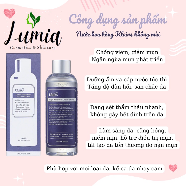 Toner Klairs Không Mùi, Tonner Nước Hoa Hồng Klairs Không Mùi Supple Preparation Unscented Toner 180ML