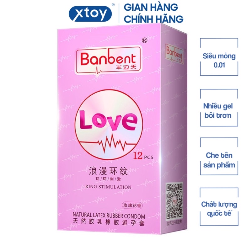 Bao cao su BANBENT Love Ring stimulation 001 gân sóng, nhiều gel, hương hoa, Hộp 12 bcs