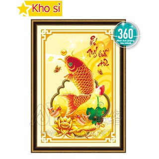 Tranh đính đá treo phòng khách đẹp Phú quý hữu dư, cá chép  77265 (53x75cm) [KHO SỈ] Tranh chất lượng cao