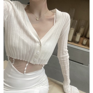 Áo lửng tay dài cổ chữ V gợi cảm tùy chọn màu sắc dành cho nữ