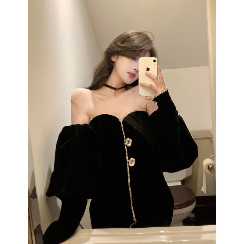 Đầm nhung dài tay hàng Quảng Châu cao cấp phong cách sang trọng tiểu thư khí chất đầu mùa thu ngọt ngào