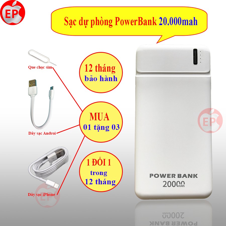 Sạc dự phòng 20000mAh chính hãng bảo hành 12 tháng [1 ĐỔI 1] [MUA 1 TẶNG 3]