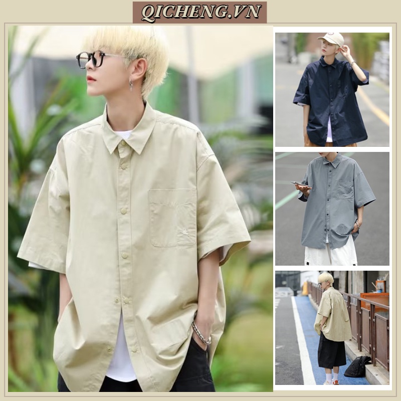 Áo sơ mi Nam Nữ Cotton Tay Ngắn Cổ Đứng Màu Trơn Đơn Giản áo đôi nam nữ Thời Trang áo sơ mi nữ form rộng retro áo kiểu nữ