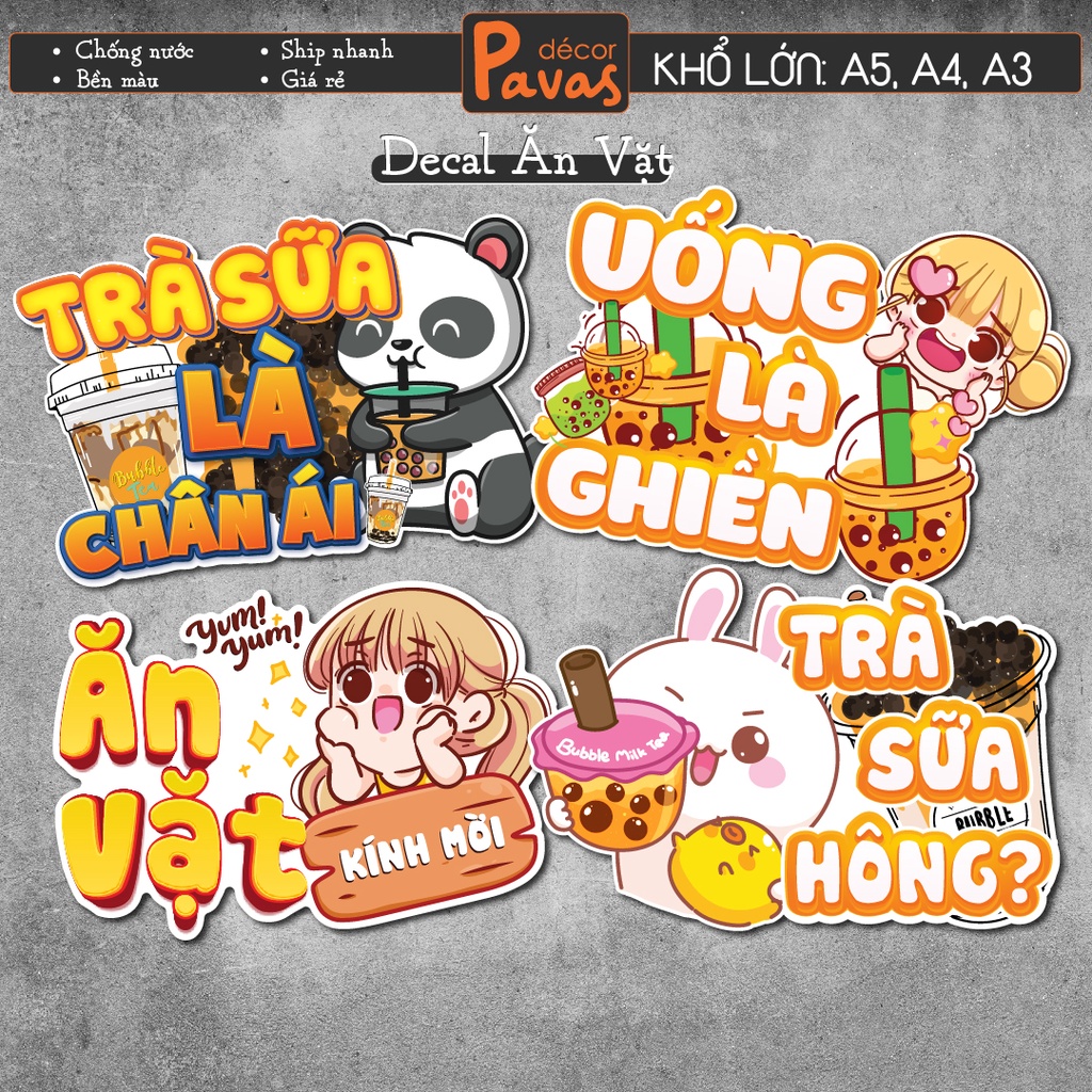 Decal Ăn Vặt chống nước trang trí dán quán trà sữa, cà phê, quán ăn, dán tường, tủ. TTQ17