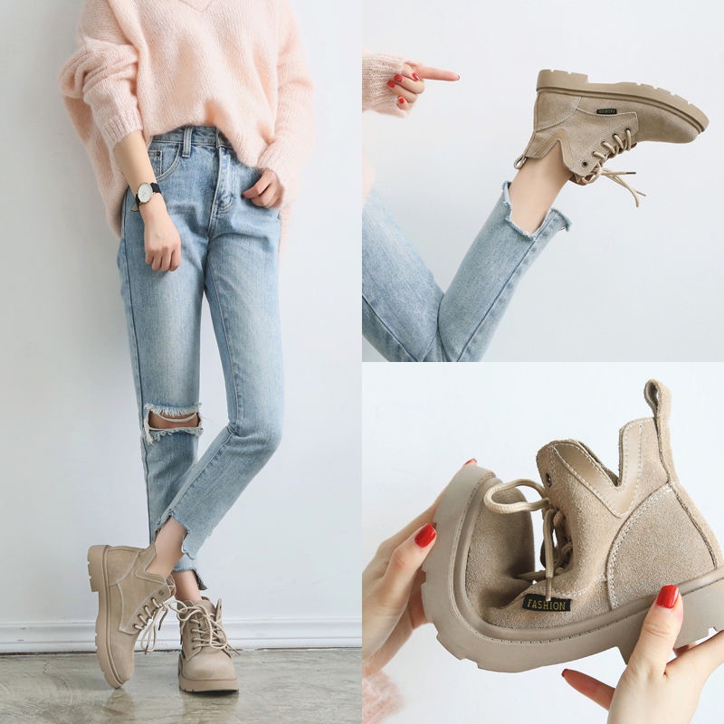 Giày bốt martin IELGY da lộn mũi tròn buộc dây màu trơn kiểu Hàn Quốc thời trang cho bạn gái