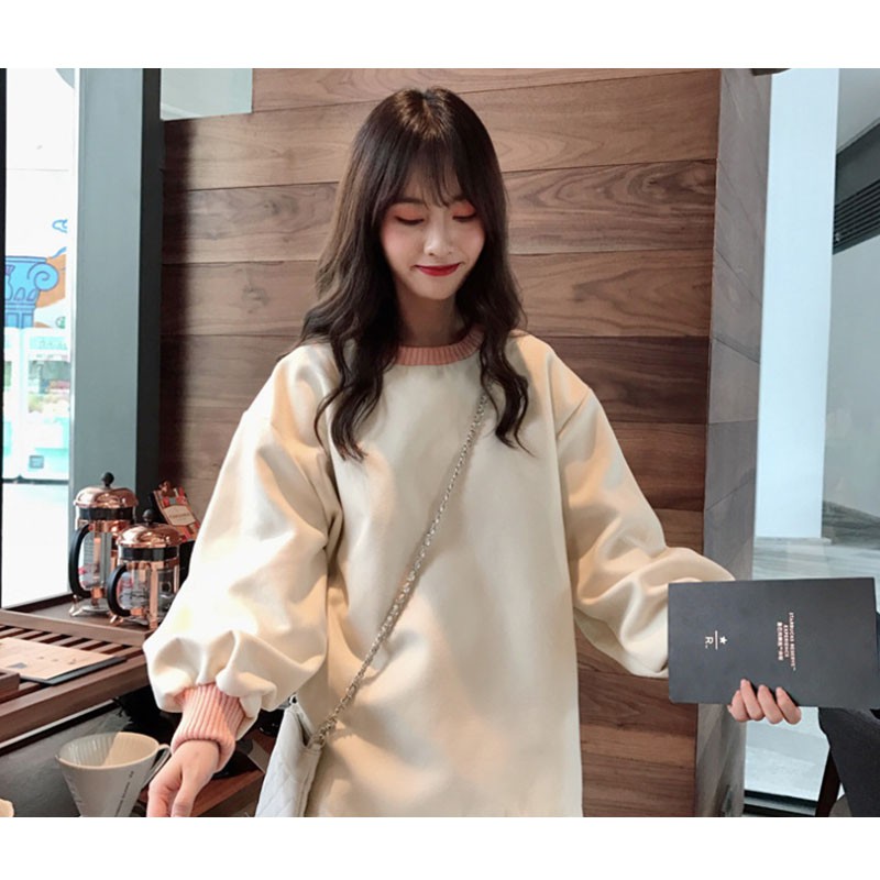 Áo Sweater Vải Cotton Phối Nhung Dáng Rộng Kiểu Hàn Quốc Cá Tính