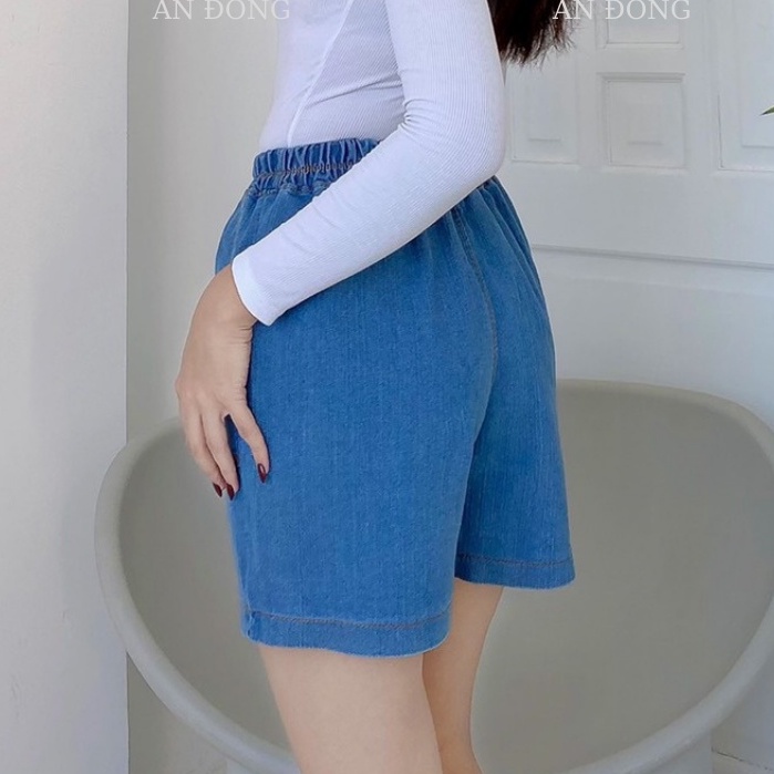 Quần jean short nữ lưng chun vải denim co giãn, quần lửng ngố ống rộng