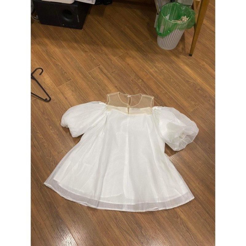 Áo tơ điệu phối voan tay bồng 2 lớp đính ngọc