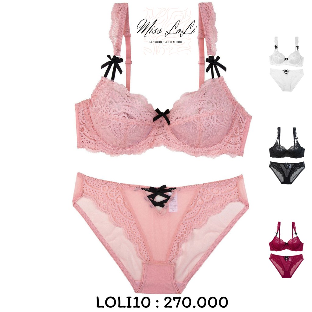 Set Bộ Đồ Lót Nữ LOLI10 Ren Không Mút, Áo Bra Nữ Trang Trí Đính Nơ Đen Kiểu Dáng Dễ Thương, Cute