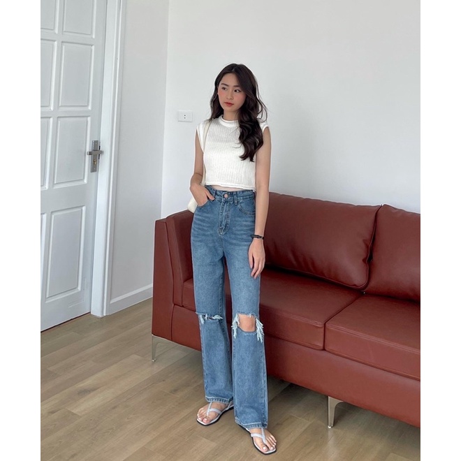 Quần jeans rách 2 gối xanh đậm | BigBuy360 - bigbuy360.vn