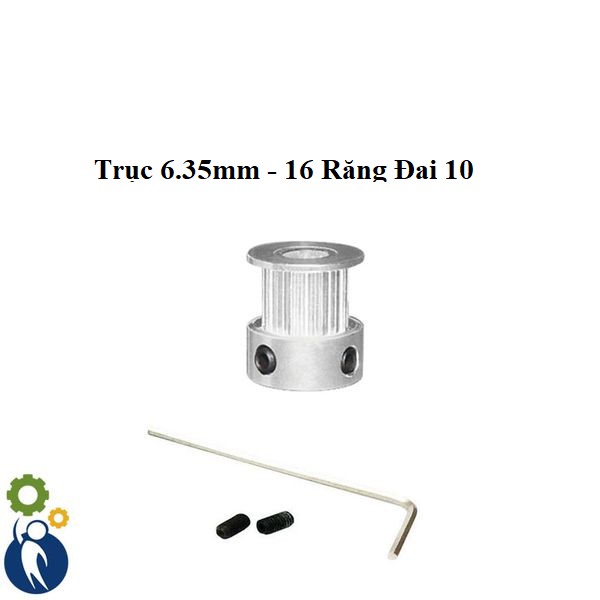 Pulley Trục 6.35mm - 16 Răng Đai 10, dùng dây đai 2gt-10mm