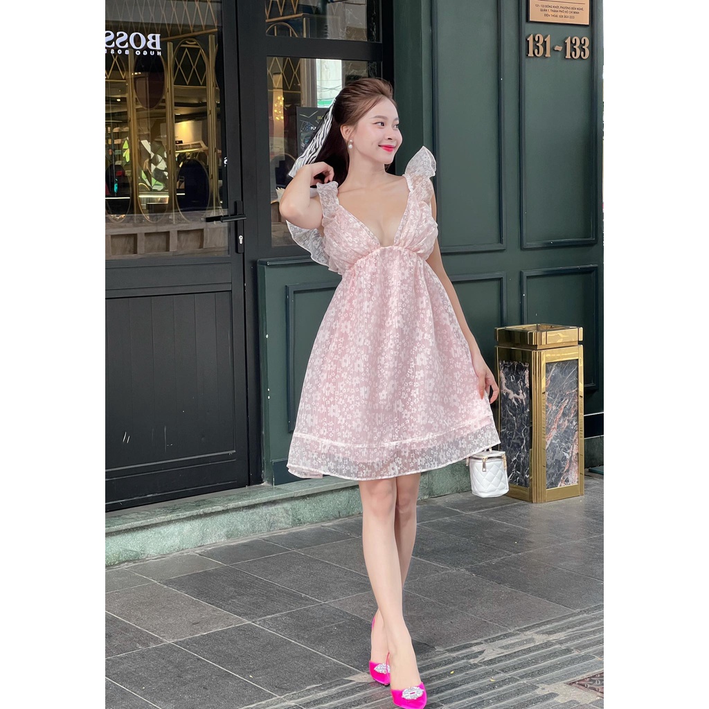 Đầm hồng công chúa khoét ngực tùng xoè nơ lưng lót lụa dễ thương