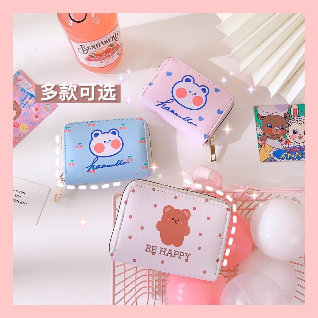 Ví MIni Ngắn Khóa Kéo 11 Ngăn Kẻ Caro GẤU THỎ LUCKY Đựng Thẻ Tiền Dễ Thương Đáng Yêu.