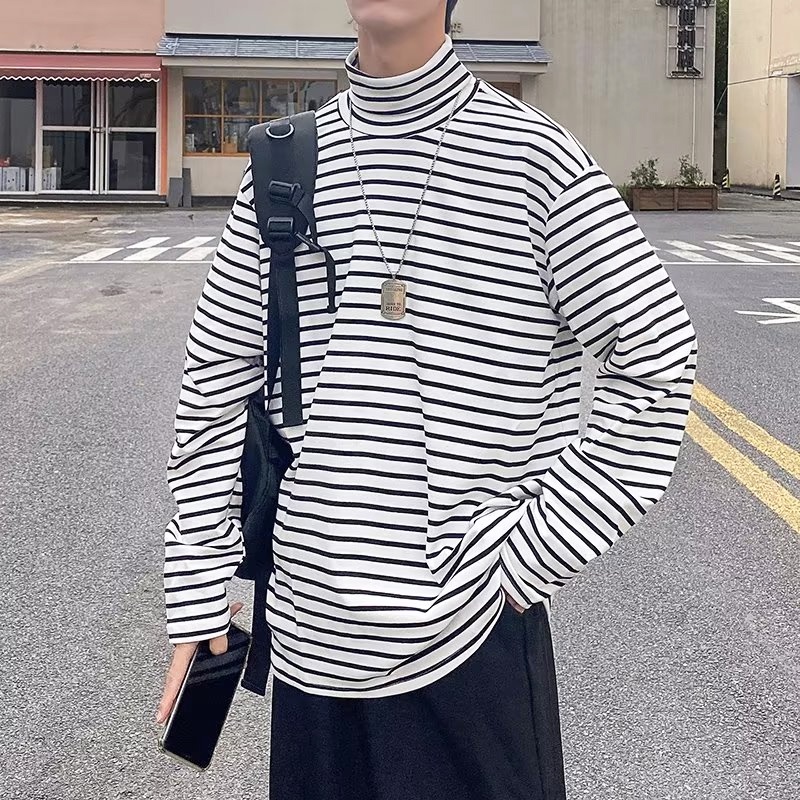 Áo Thun Cổ Lọ Tay Dài Dáng Rộng Họa Tiết Kẻ Sọc Phong Cách Hàn Quốc Thời Trang Xuân Thu Cho Nam Và Nữ