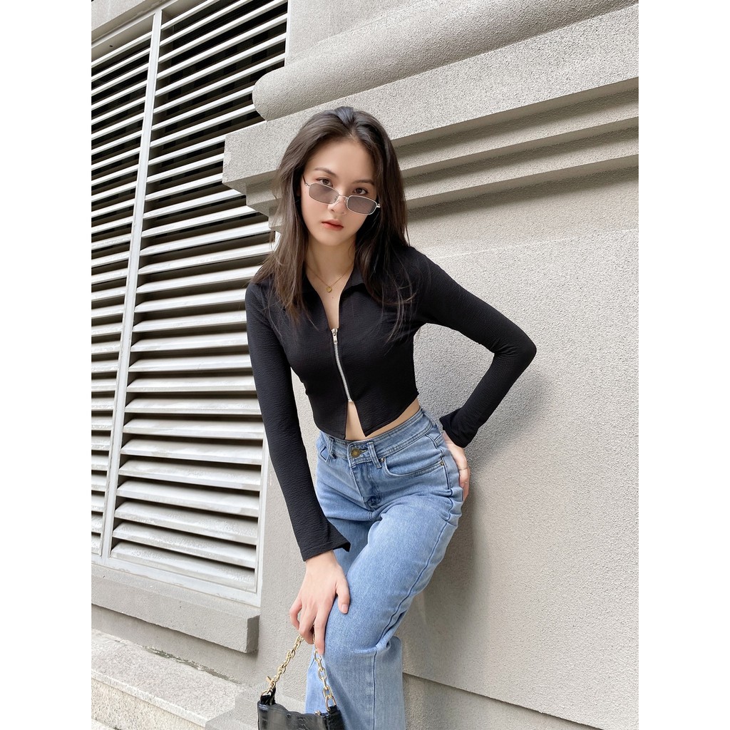 Áo croptop Oversized tay dài cổ sơ mi dây kéo ngắn, tay ôm [VN1]