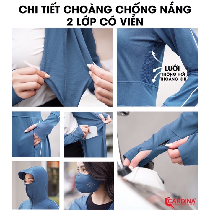 Áo chống nắng nữ dài 2 lớp Cardona chất thun lạnh Nhật cao cấp có lưới tản nhiệt viền thể thao chống tia.