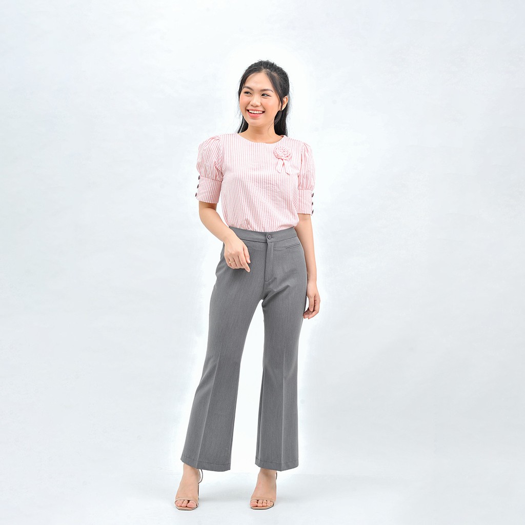 Áo kiểu sơ mi công sở nữ thiết kế thời trang Eden tay ngắn cổ tròn dáng suông kẻ sọc freesize - ASM120