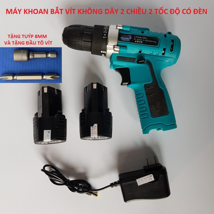 Máy Khoan Pin 12V Có 2 Tốc Độ, Có 2 Chiều Kiêm Vặn Vít Không Dây -Tặng Tuýp & Đầu Tô Vít Bảo Hành 6 Tháng