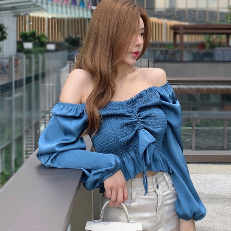Áo Croptop Tay Dài Trễ Vai Thiết Kế Dây Rút Nữ Tính