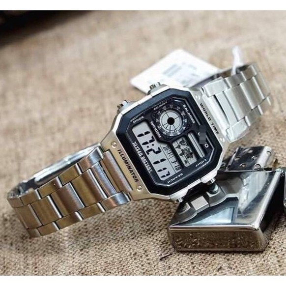 [HOT 2021]Đồng hồ nam Casio AE 1200-WHD classic chống nước , dây thép không gỉ (dây bạc mặt đen)