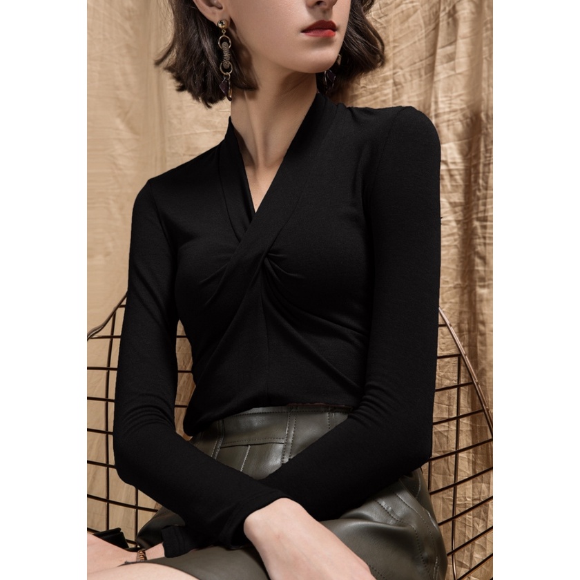 Áo thun nữ dài tay co dãn 4 chiều bigsize cổ xoắn LAVARA ALE04