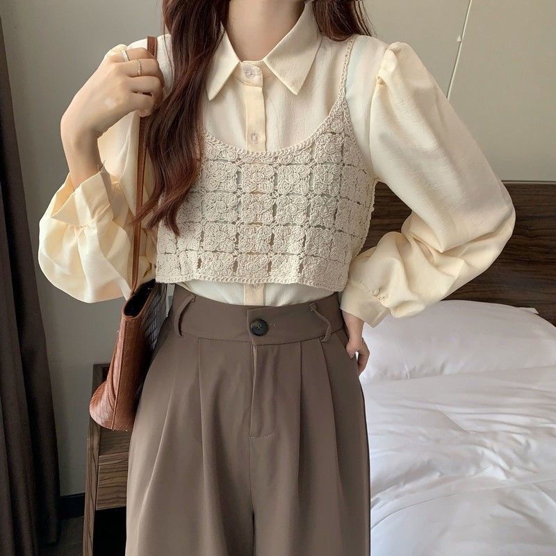 Set áo hai dây + áo sơ mi voan tay phồng thiết kế mới thời trang dành cho nữ