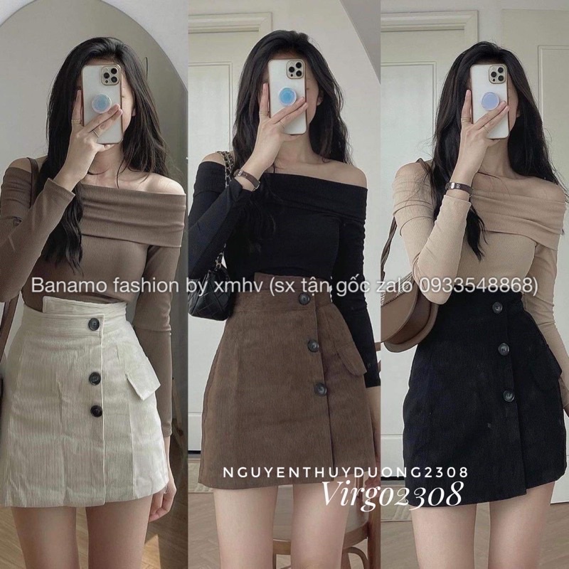 Chân váy cạp cao vải nhung tăm độc lạ 3 khuy tôn dáng BANAMO FASHION 551 | BigBuy360 - bigbuy360.vn