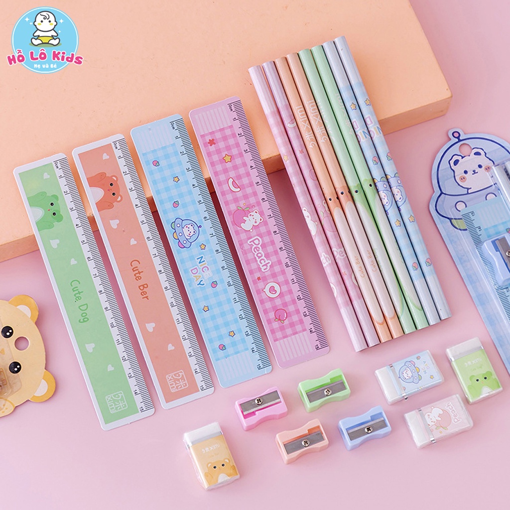 Bộ 4 chi tiết bút chì, thước kẻ, gọt bút, tẩy xinh xắn siêu tiện lợi Hồ Lô Kids