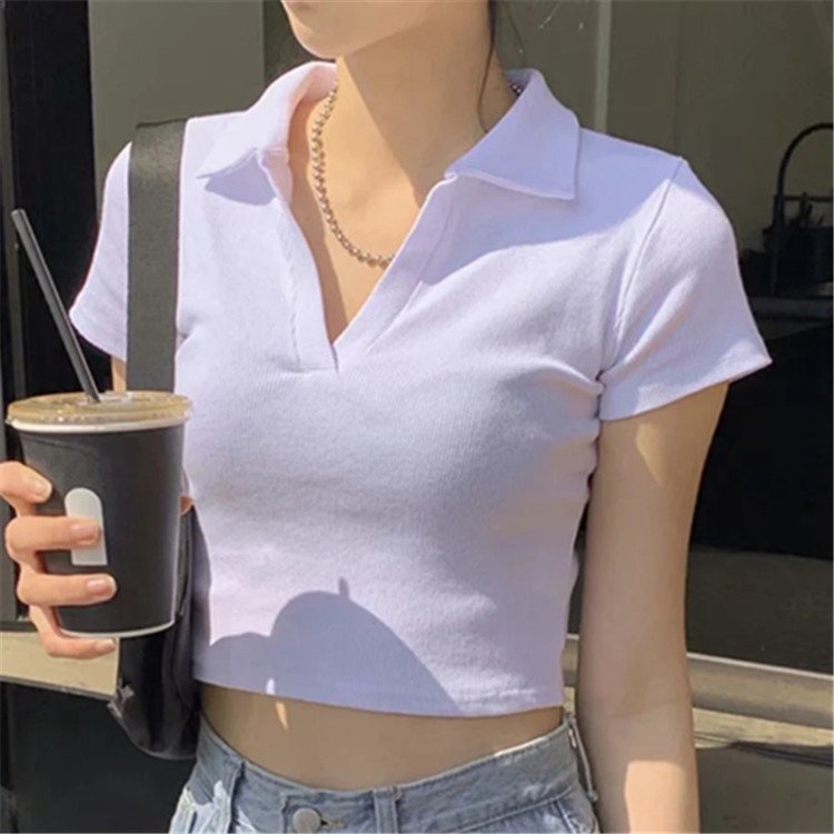 Áo croptop polo cổ bẻ basic cá tính nữ - Áo thun cổ bẻ crt tiểu thư