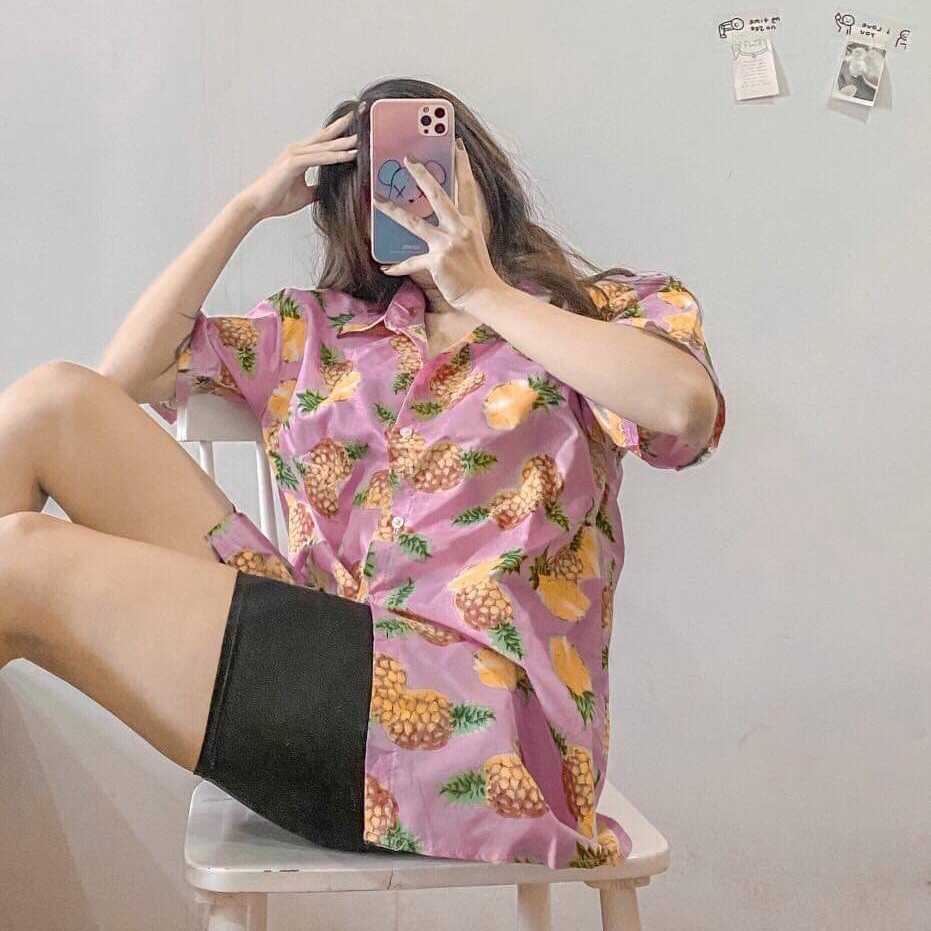 Áo Sơ Mi Đi Biển Áo Đôi Nam Nữ Đồng Phục Teams Họa Tiết Hoa Quả Chất Kate Thô THUS A1E01