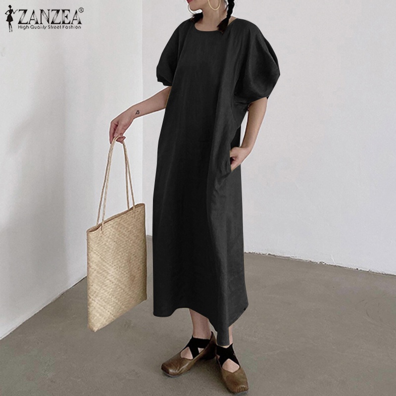 Đầm chữ A ZANZEA tay ngắn phồng cổ tròn có túi phong cách Hàn Quốc thanh lịch cho nữ