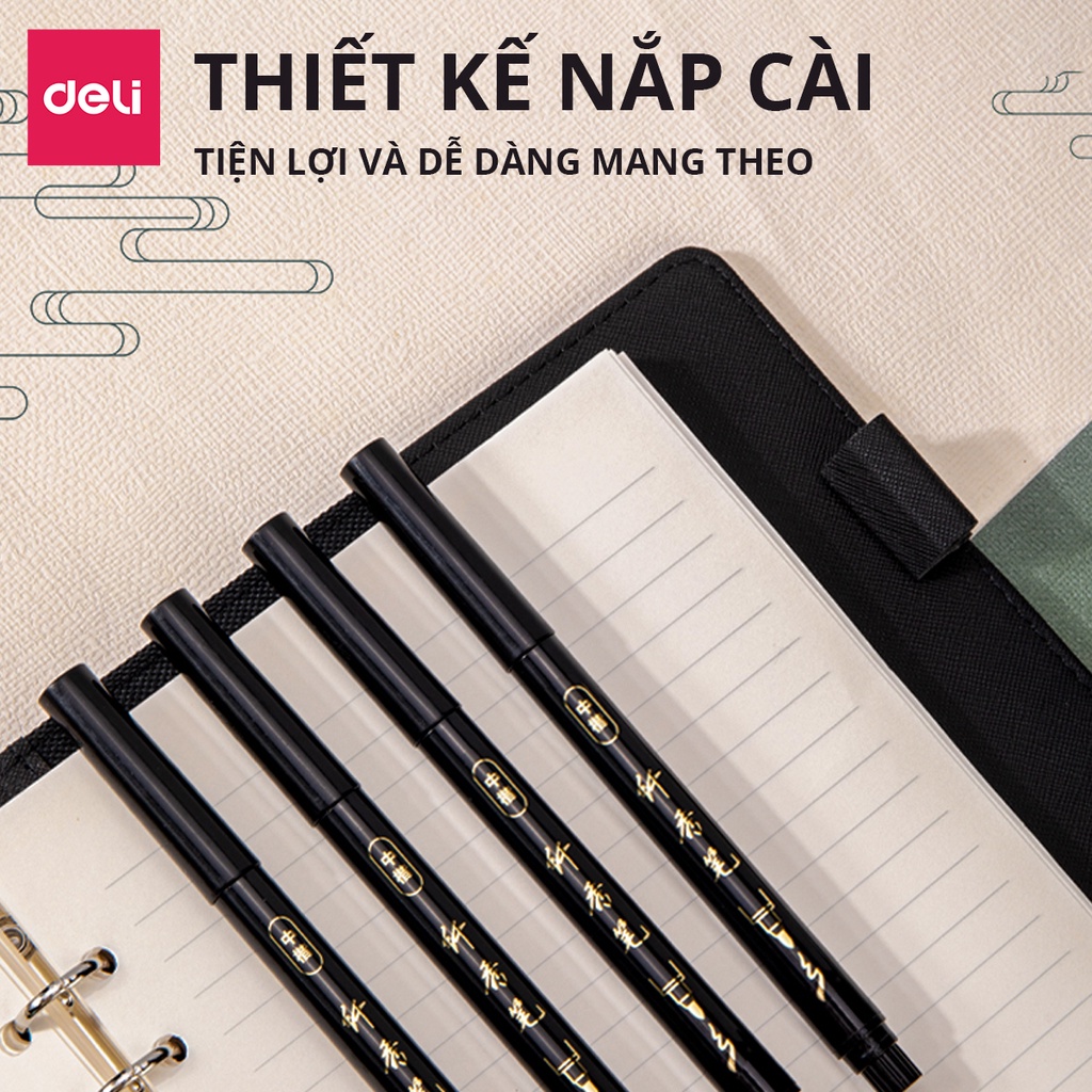 Bút viết thư pháp chữ Hán Calligraphy Deli - brush pen nhiều kích cỡ ngòi, có thể đổ thêm mực